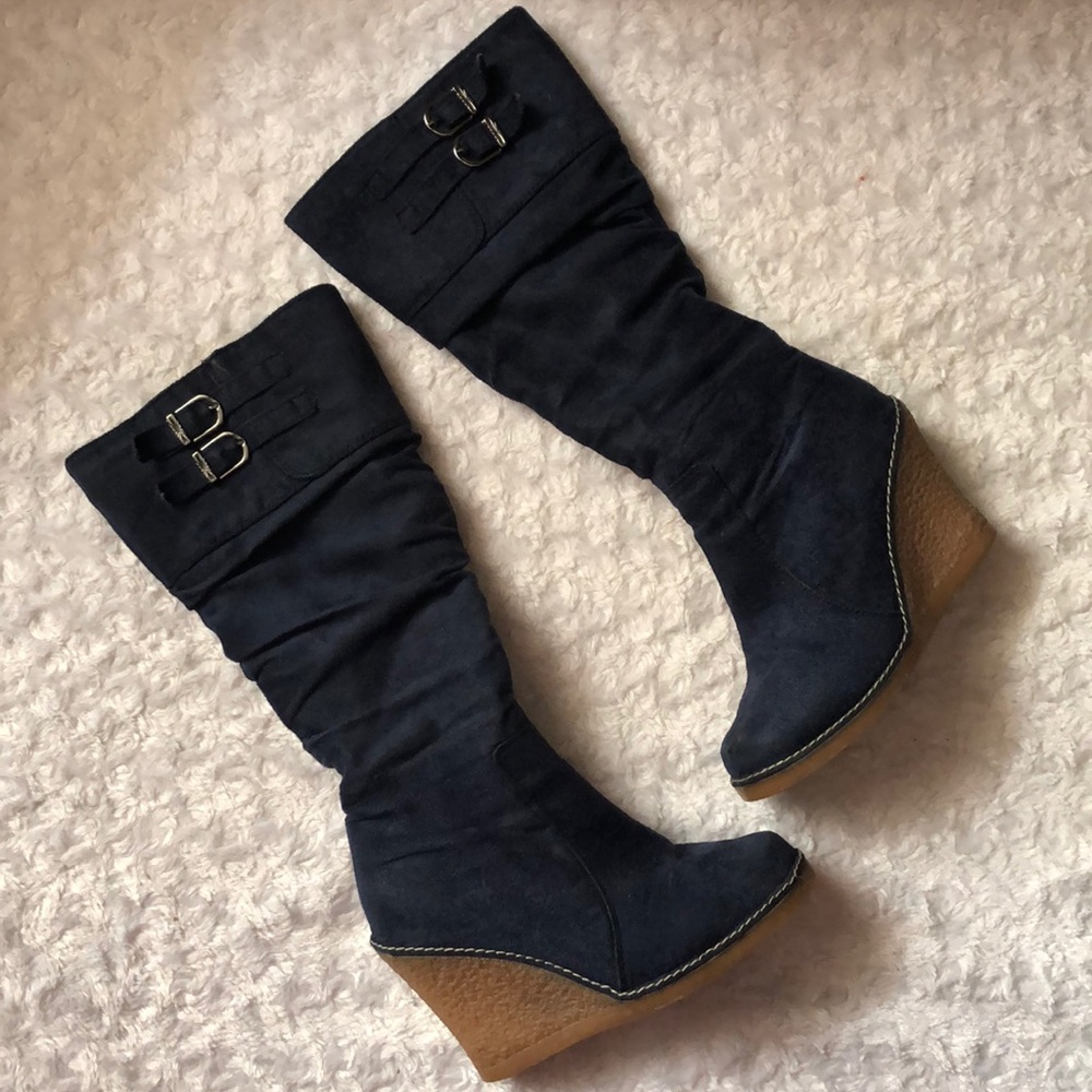 Soda Navy Blue Wedge Knee Boots Size 6